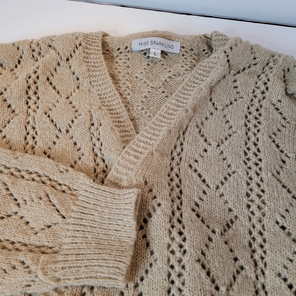 Miss Sparkling Wrap Cardigan Women Large Beige Excellent Pointelle‎ Tie Waist